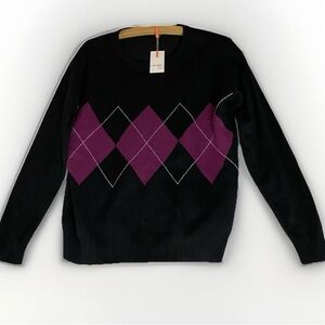 Mandarine & Co Long Sleeve Argyle V Neck Sweater Black & Purple M Dark Acadamia